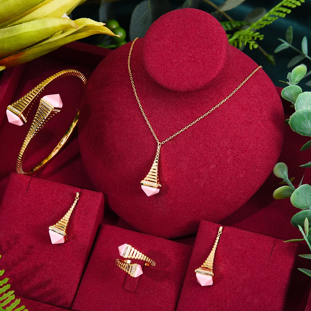GODKI nowa sława marka 4 sztuk Waterdrop zestawy biżuterii dla kobiet Wedding Party Cubic cyrkon wysokiej klasy Craft Dubai zestaw biżuterii ślubnej: 4PC PINK SET