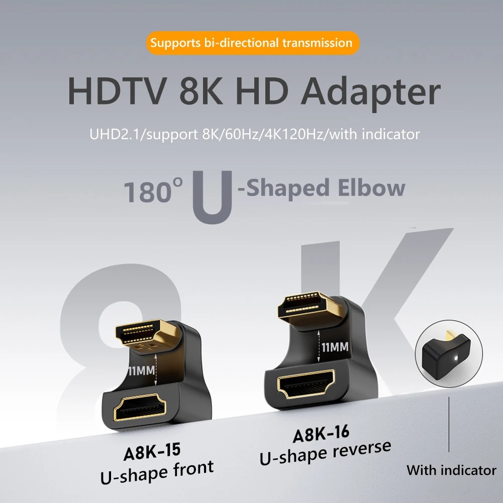 Adaptadores compatibles con HDMI en forma de U UHD 8K, convertidor extensor Mini-HD a HD de ángulo arriba y abajo para Monitor, tableta, videocámara y portátil