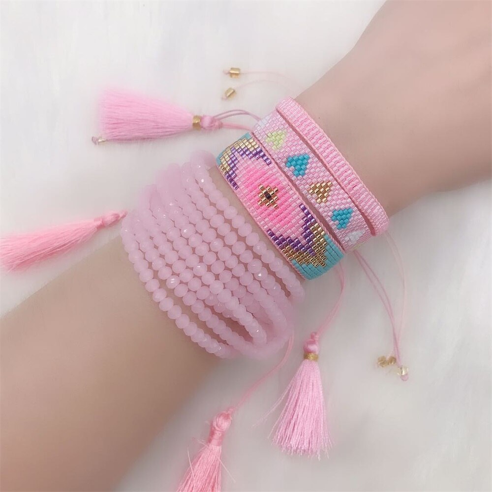 ZHONGVI MIYUKI Bracelet Women Evil Eye Pulseras Mujer Moda Bohemia Jewelry Turkish Pink Eyes Handmade Armband: set