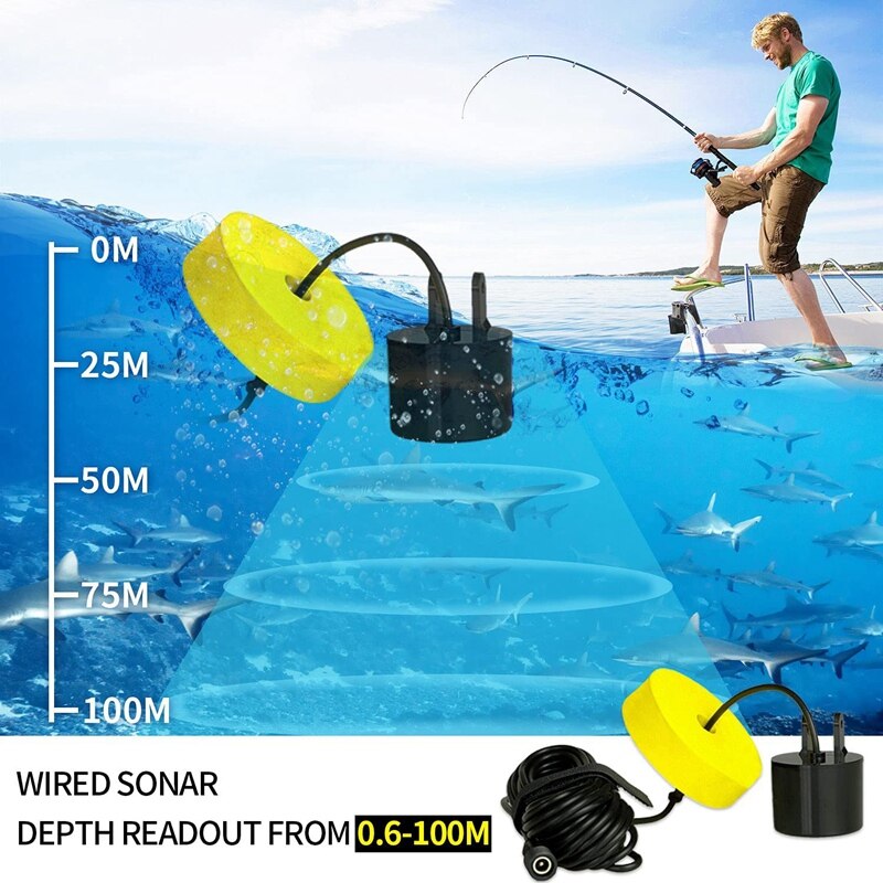 Détecteur de poissons Portable, sonar à main filaire, écran LCD avec profondeur d&#39;eau, localisation du poisson, taille du poisson, mauvaises herbes et roches