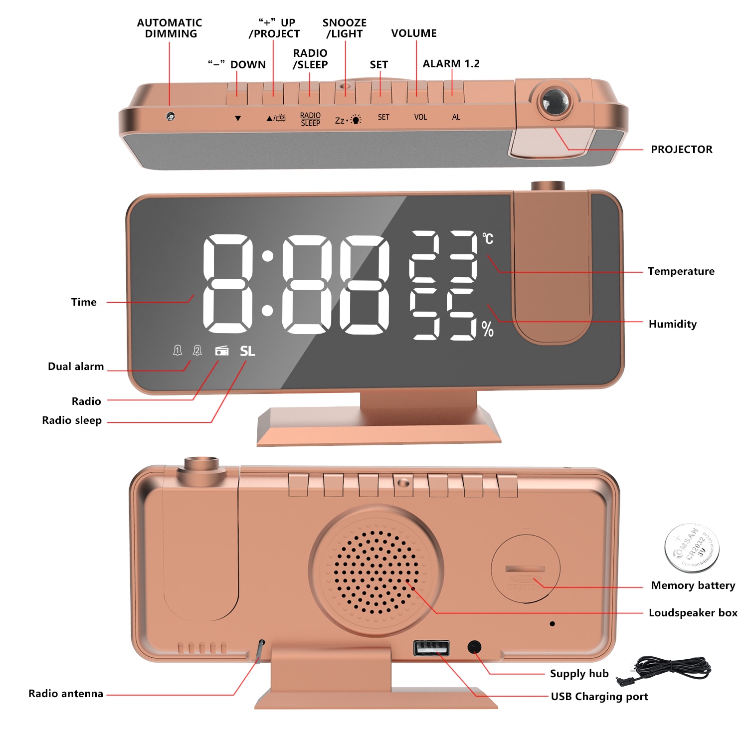 Radio-réveil Fm avec minuterie de sommeil, double Port Usb, affichage numérique avec gradation, Volume réglable (blanc)