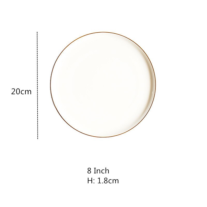 Assiette à dîner en porcelaine glaçure, assiette ronde nordique en céramique, bord en or massif, plateau à Dessert, gâteau de Steak occidental, collation: 8 Inch
