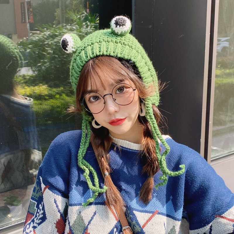 Sombreros de invierno con pompón para mujer, sombrero de rana adorable, de ganchillo, grande, tejido para niña, gorro de disfraces, gorros de navideña,: Green