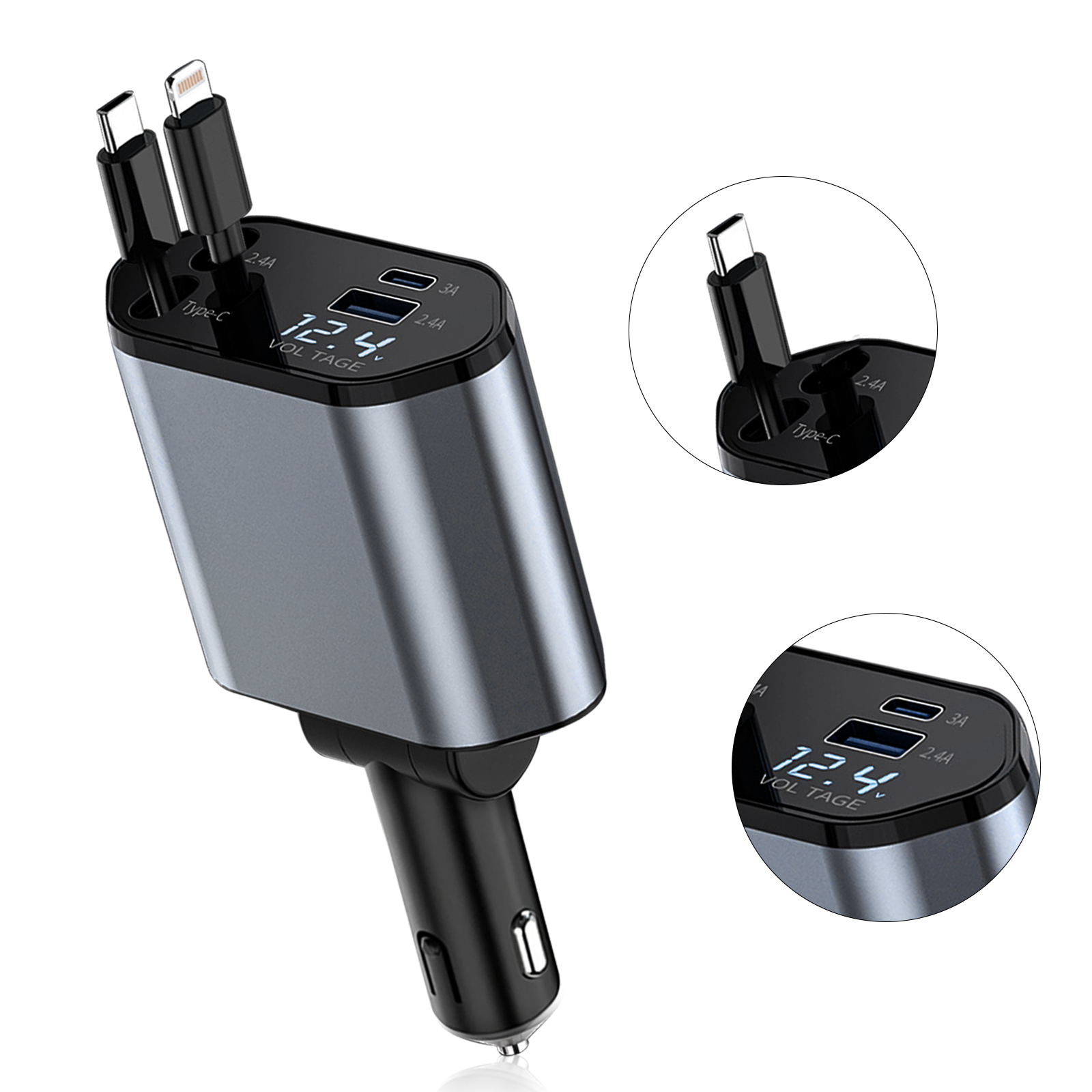 4 i 1 uttrekkbar billader , 100w hurtiglading med 2 usb-bærer, uttrekkbar iphone-lader og trykk-c-lader, uttrekkbar kabel: misligholde tittel