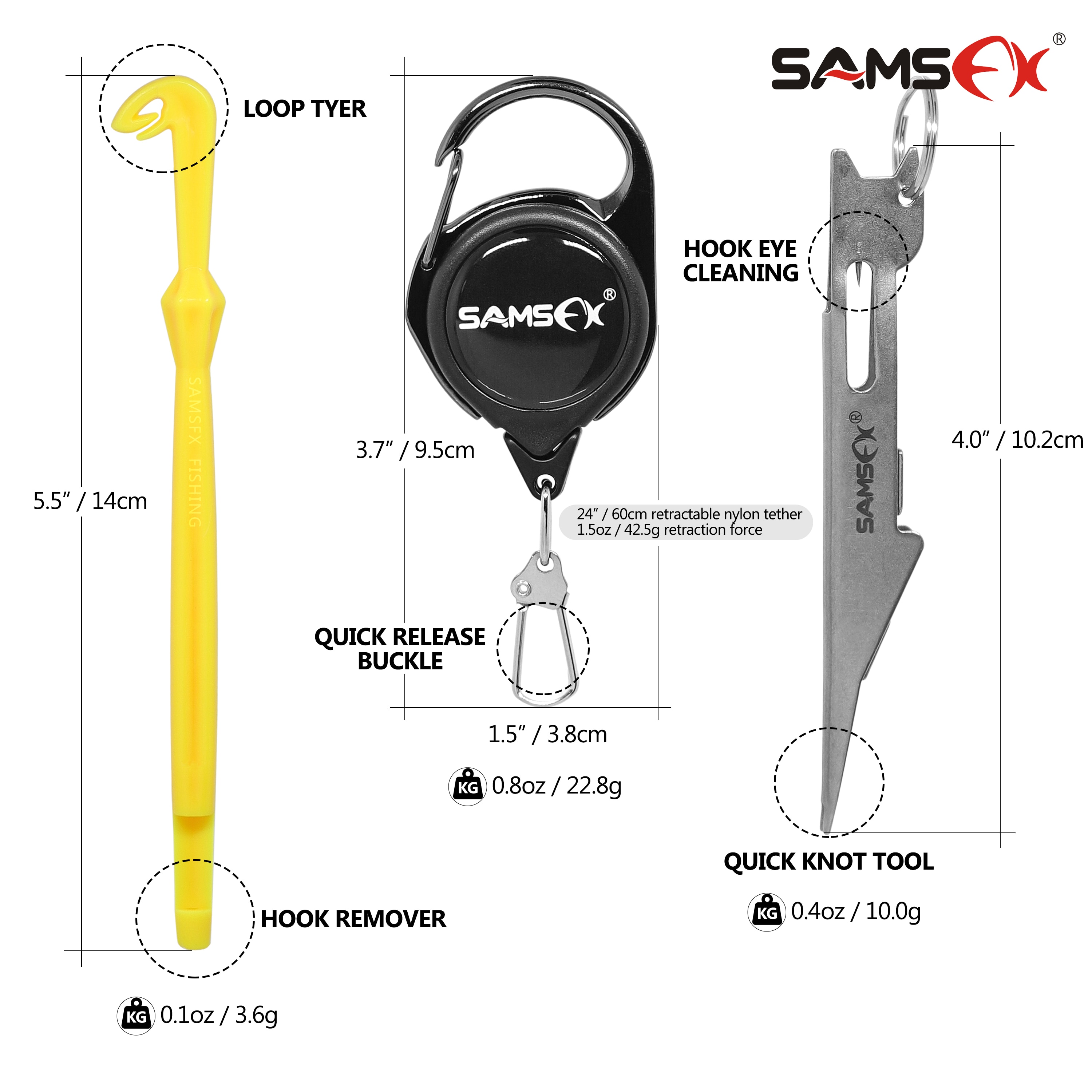 SAMSFX Quick Knot Tying Tool Loop Tyer Hook Remover w/ Zinger Retractors Fly Fishing Gear Combo Fish Tackles Accessories