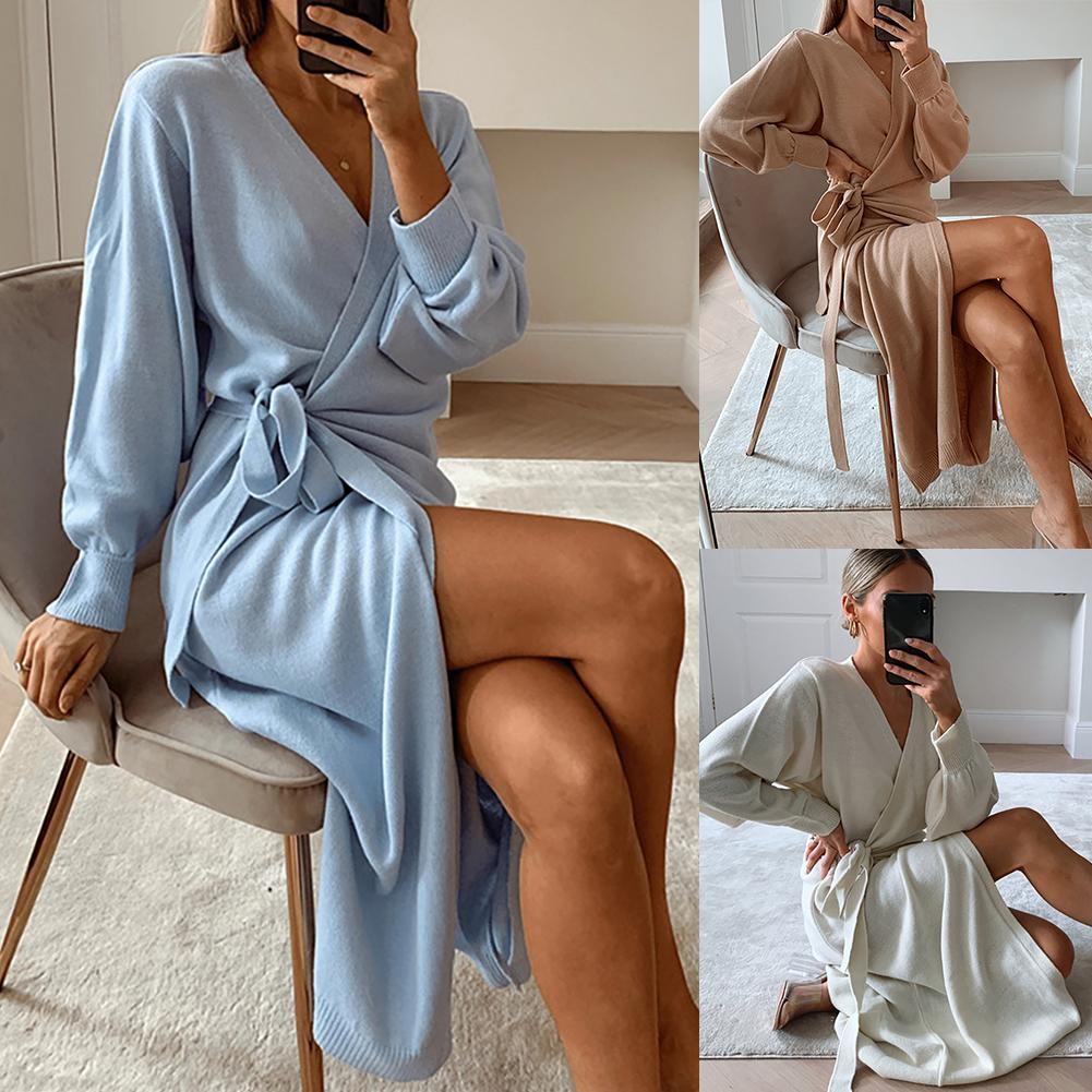 dresses Women Autumn Winter Solid Color Long Sleeve Knitted Wrap Belt Dress Maxi Robe Long Dress Vestido Femme Vestidos