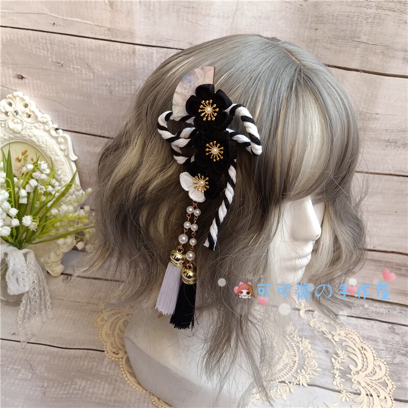 Pasadores Harajuku de estilo japonés para niña, Kimono, abanico de flor de cerezo, accesorios para el cabello, horquillas con Clip LATERAL con borlas suaves de Lolita