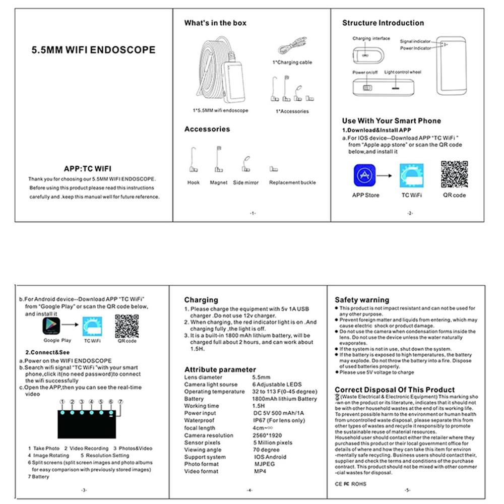 Wifi 5.5Mm Handheld Endoscope Borescope Video Inspection Camera Portable Endoscope Hard Line Camera For F220