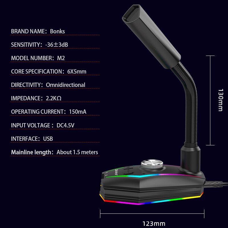 RGB Computer Microphone Free Drive Noise Reduction 360° Rotate USB AUX HD Receiver Omnidirectional Condenser Gaming Mike