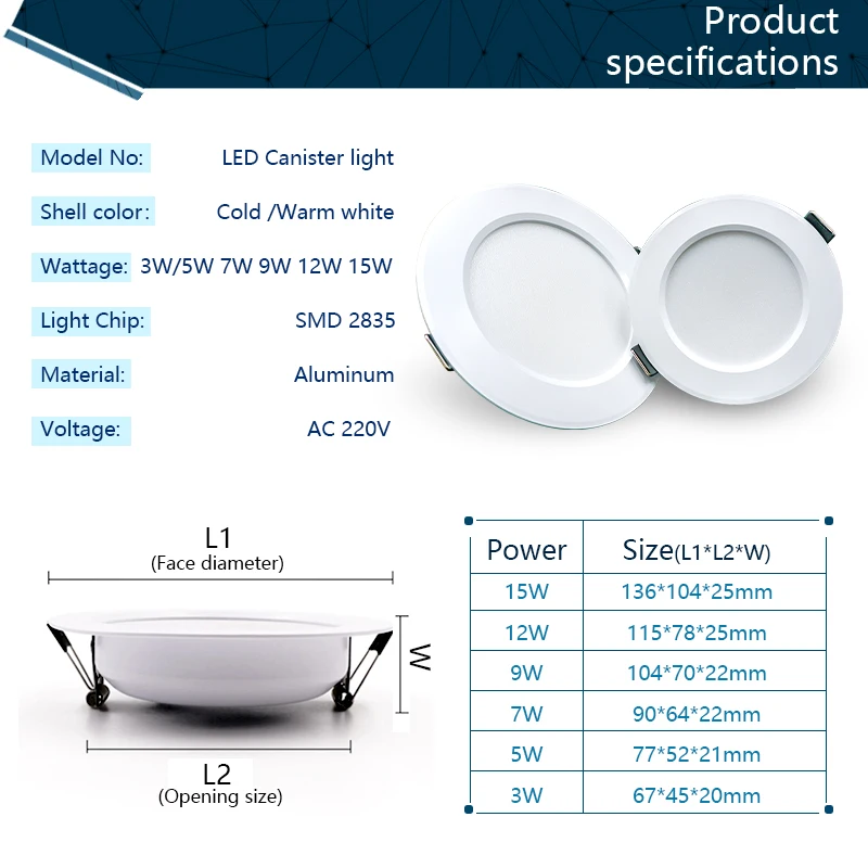 Foco LED empotrable para techo, lámpara redonda para sala de estar, cocina y baño, CA 220V, 3W, 5W, 7W, 9W, 12W, 15W