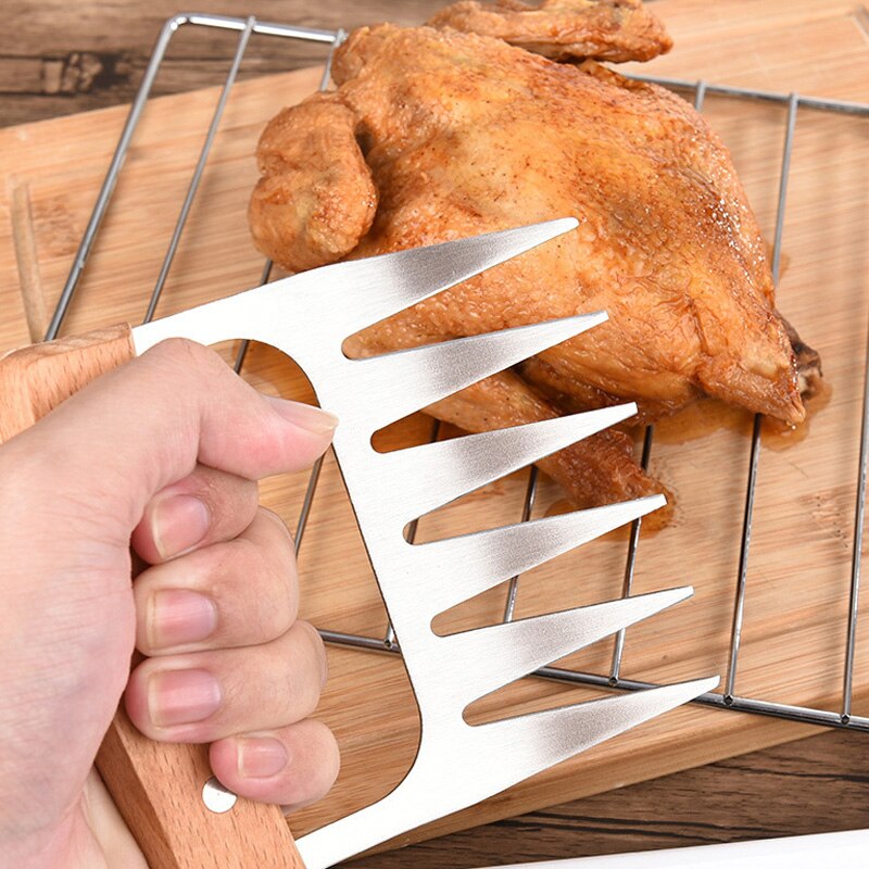 Wooden Handle Stainless Steel Bear Claw Tearing Chicken Meat Separator Six Teeth Picnic Meat Cutting Multifunction Tool