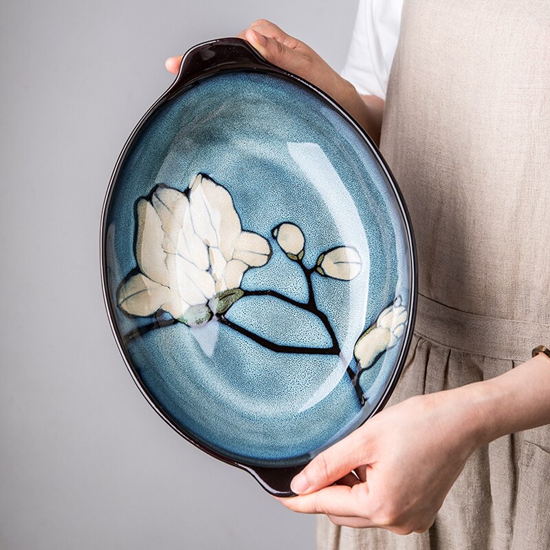 Chinese hand-painted 8-inch double-eared fish plate household fish plate ceramic soup plate oval boat-shaped steamed fish plate