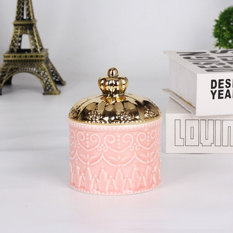 European-style Electroplating Ceramic Storage Jar Display Box Crown Jewelry Box with Lid Desktop Ornaments Home Storage Supplies: pink