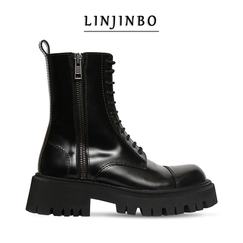 2020 plataforma chunky ankle boots feminino lado zíper rendas-up botas curtas mulheres design da marca estilo rua botas de motocicleta mujer