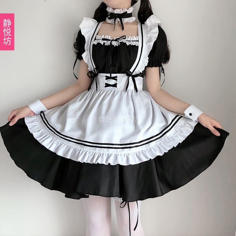 Japanese Black and White Maid Costume Women's Clothing Big Guy Daily Lolita Maid Cute Lolita Dress plus Size Cos