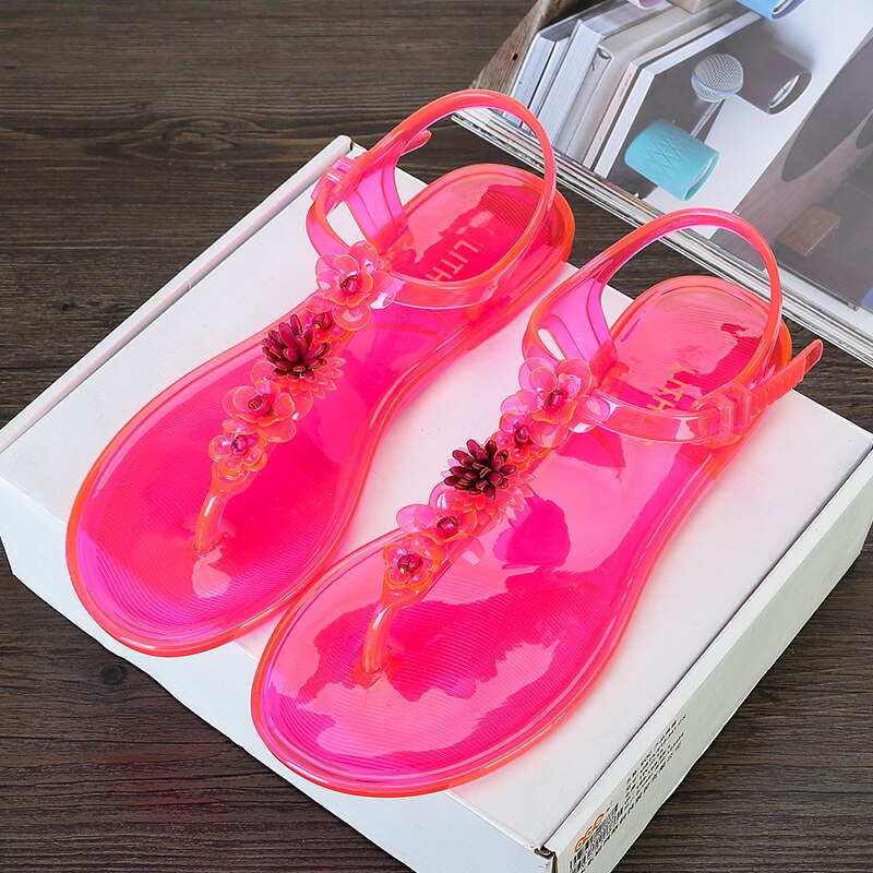 Flower plastic flat sandals female summer pinch t-slip non-slip beach slippers flip flops