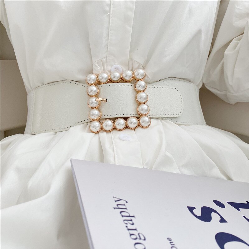 Mode Broeksbanden Voor Vrouwen Solid Stretch Brede Cumberbanden Trouwjurk Versiering Lady Pearl Gold Pin Gesp Riemen Jurk