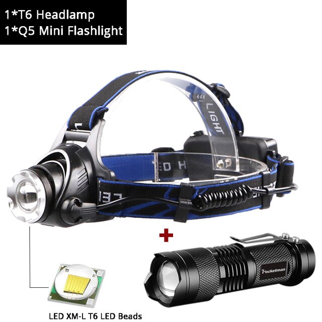 Genopladelig  t6/l2 forlygter zoombar vandtæt led-forlygte  q5 lommelygter håndfri lommelygte til vandreture, camping løb: Type d