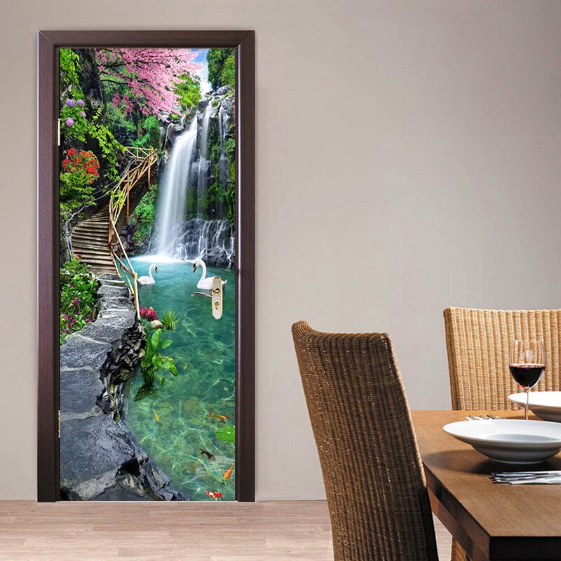 3D Nature Landscape Waterfalls Door Wall Sticker Living Room Kitchen Pvc Self-Adhesive Waterproof Sticker On The Doors Wallpaper