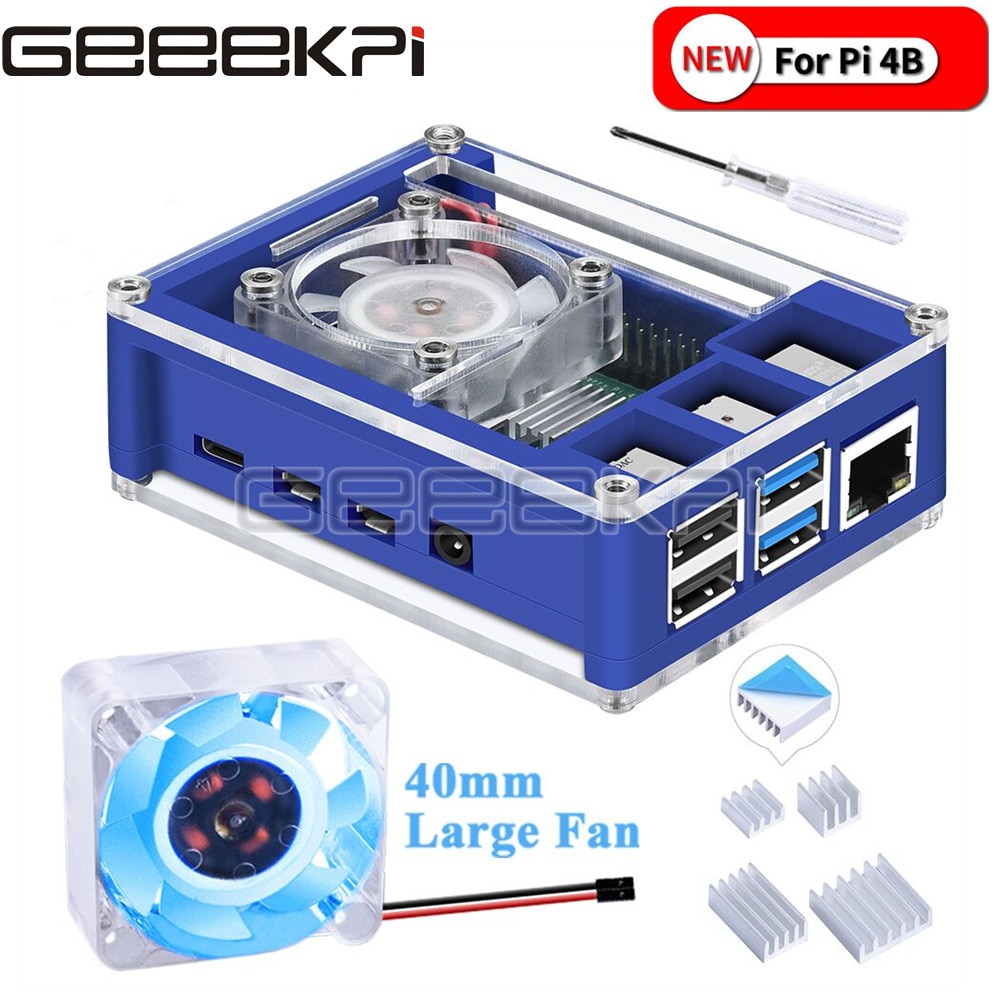 Geeekpi abs plástico azul & transparente/marrom escuro & branco caso com grande ventilador de refrigeração 40*40*10 dissipador de calor para raspberry pi 4 b