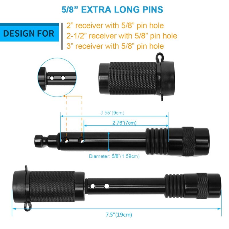 5/8 inch Extra Long Heavy Duty Trailer Hitch Locking Pin Set Receiver Hitch Lock with Anti-Rattle, Keys, Rubber Cap for Class II