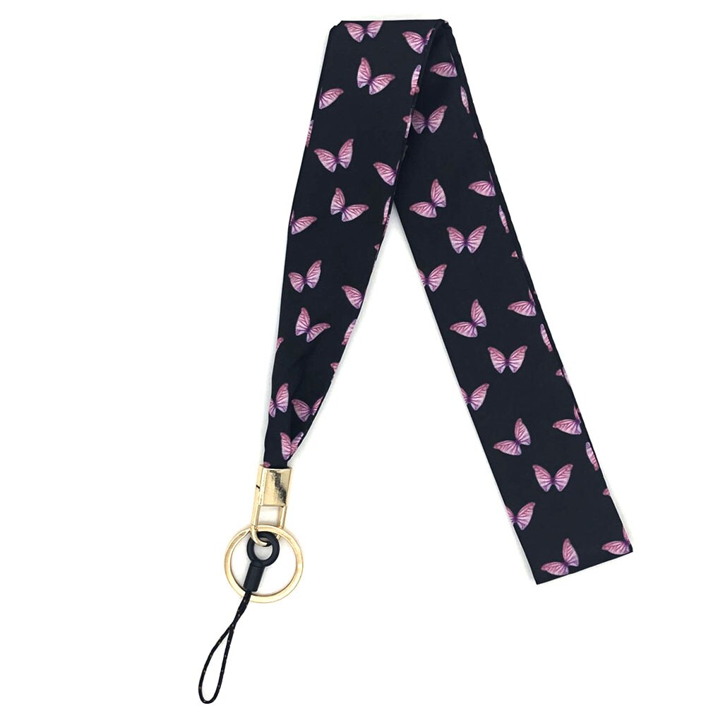 Butterfly Wide Neck Strap Lanyards For keys ID Card Gym Mobile Phone Straps USB badge holder DIY Hang Rope Lariat Lanyard: Black