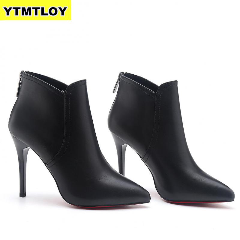 Botines De piel sintética con cremallera para Mujer, botas con tacones altos, color negro, punta estrecha, para Otoño e Invierno