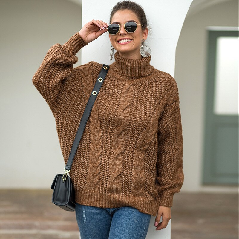 Efterår og vinter striktrøje dame rullekrave sweatere pullover oversize sweater tyk dame sweater: Khaki / Xl