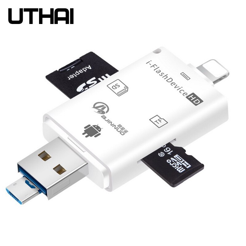 UTHAI C11 Lightning Card Reader SD TF USB C to MicroUSB Multi Card readers 4in1 Type-C Flash Drive For Iphone 7 8 11 X XR MAX: C20-3in1-white