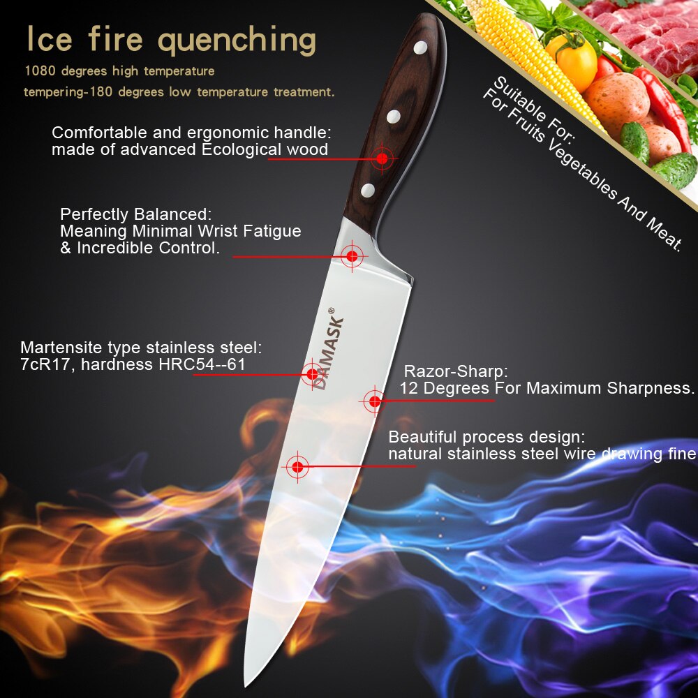 Damask Stainless Steel Knives Set 7CR17 High Carbon Steel Kitchen Cutlery Knife Utility Santoku Chef Knife With Full Tang Handle