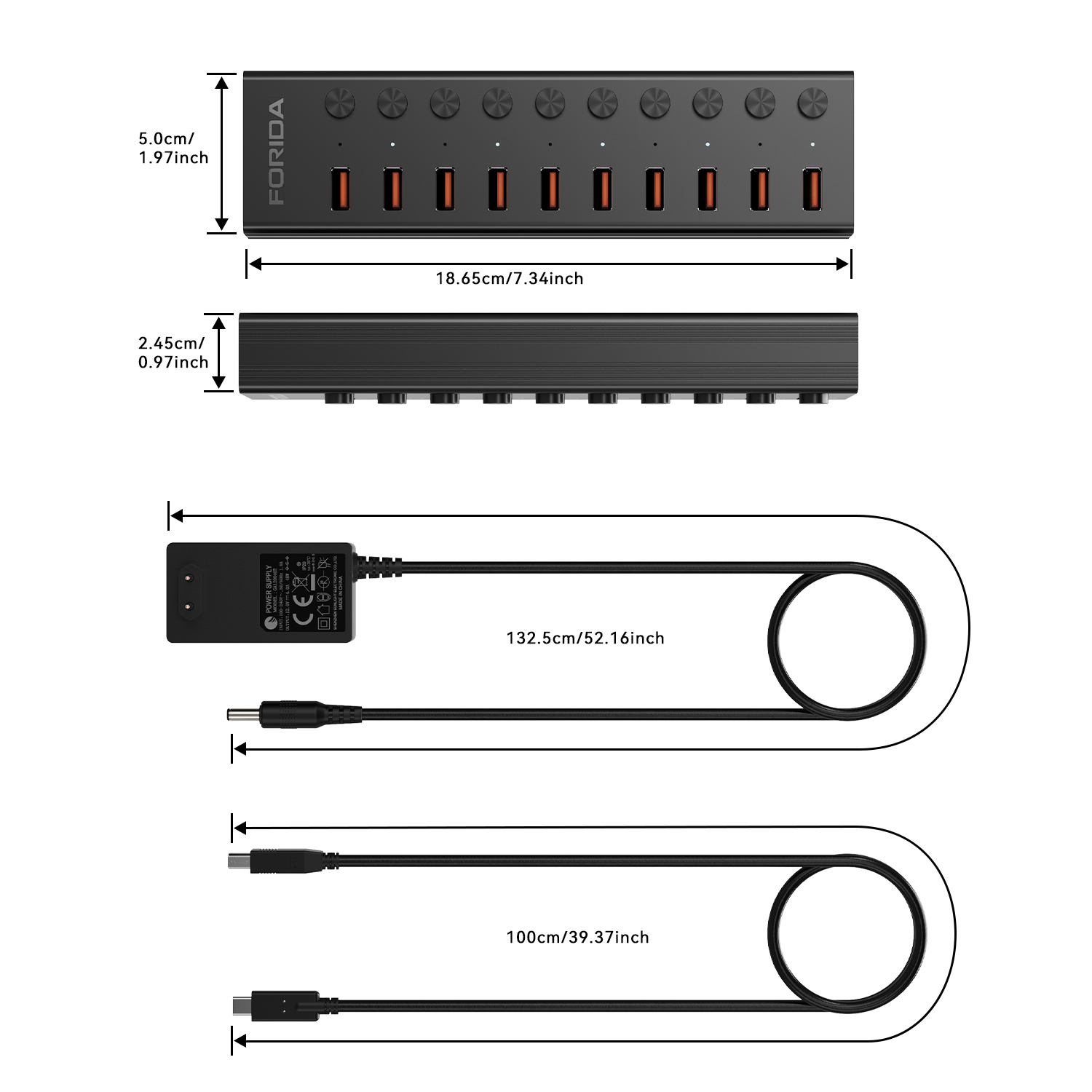 FORIDA 10 puertos USB A 3,2 extensión USB C Hub 10Gbps estaciones de acoplamiento interruptor de encendido/apagado divisor de energía para ordenador portátil Macbook de escritorio