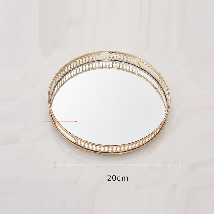 Bandejas doradas decorativas para almacenamiento de joyas, bandeja de vidrio con espejo Vintage, rectangular/redondo, plato de fruta, artículos pequeños de escritorio, placa de exhibición de joyería: Round-S