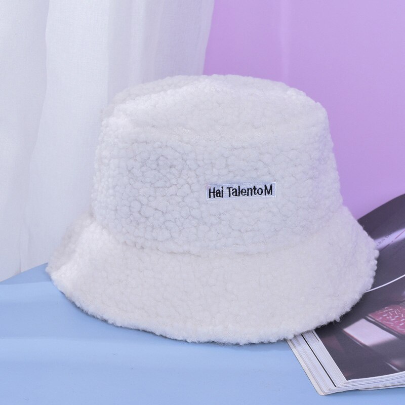 Winter Autumn Thick Warm Soft Lamb Wool Women Bucket Hat Solid Color Female Ladies Flat Top Hat Beanie Bonnet: white