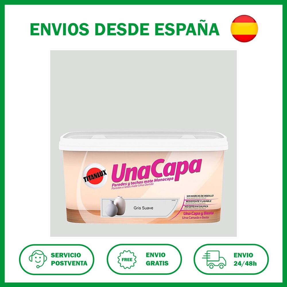 Pintura monocapa Titan Una Capa Gris Suave 4L. Lavable, esta pintura es apta para la decoración de paredes y techos de interior, con un poder muy alto de cubrición y con unos blancos muy luminosos.