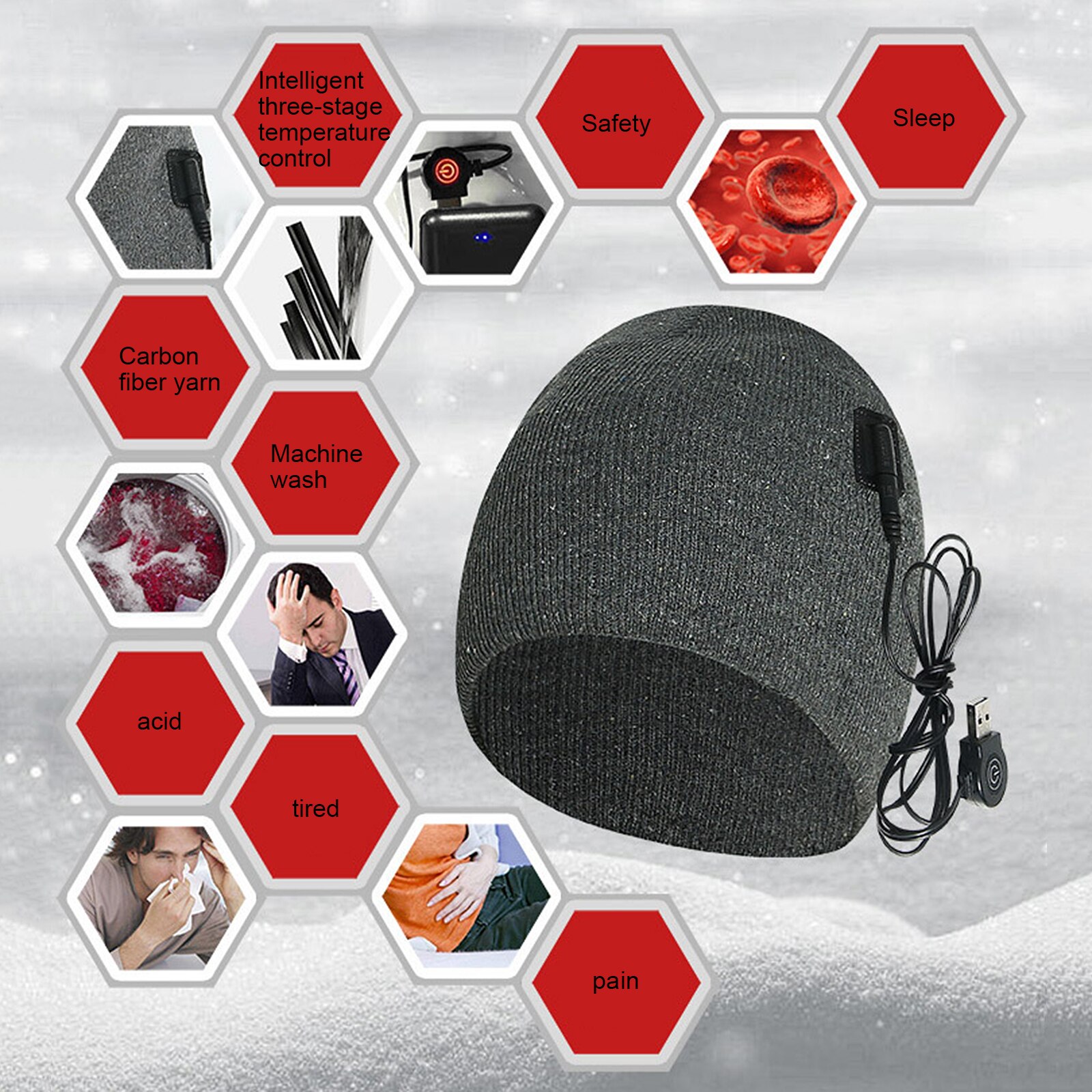 Winter outdoor pet, verwarmde muts, outdoor sportmuts, skimuts, usb-oplaadbare sportmuts, winterfietsmuts, polyester, elektrisch verwarmde pet