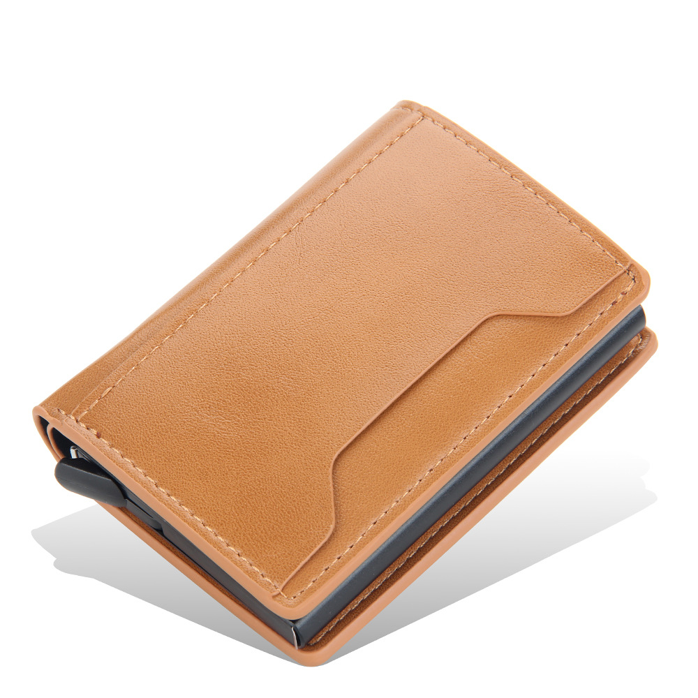 Mænd slim pung pu læder id-kortholder rfid anti-tyveri smart pung aluminiumslegering kreditkortholder mini pung til kvinder: Brun