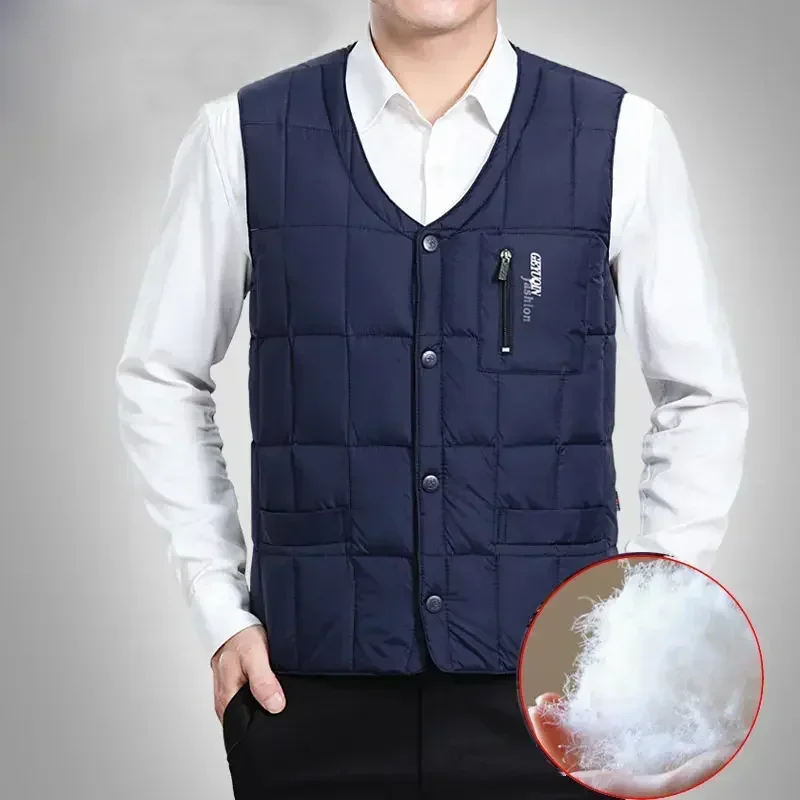 Leve pato para baixo colete quente para homens inverno com decote em v sem mangas jaqueta quente masculino botão para baixo colete casaco moda casual