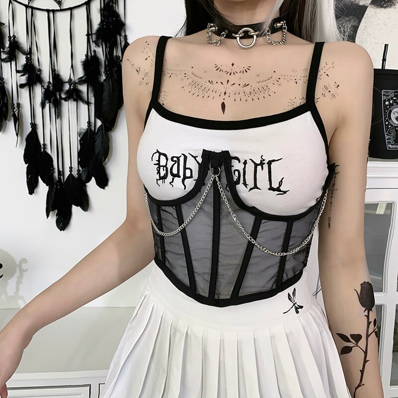 Frauen Korsett Gürtel Punk Metall Kette Mall Goth Kummerbund Hohe Taille Harajuku Vintage Mesh Sehen Durch Taille Shaper Korsetts