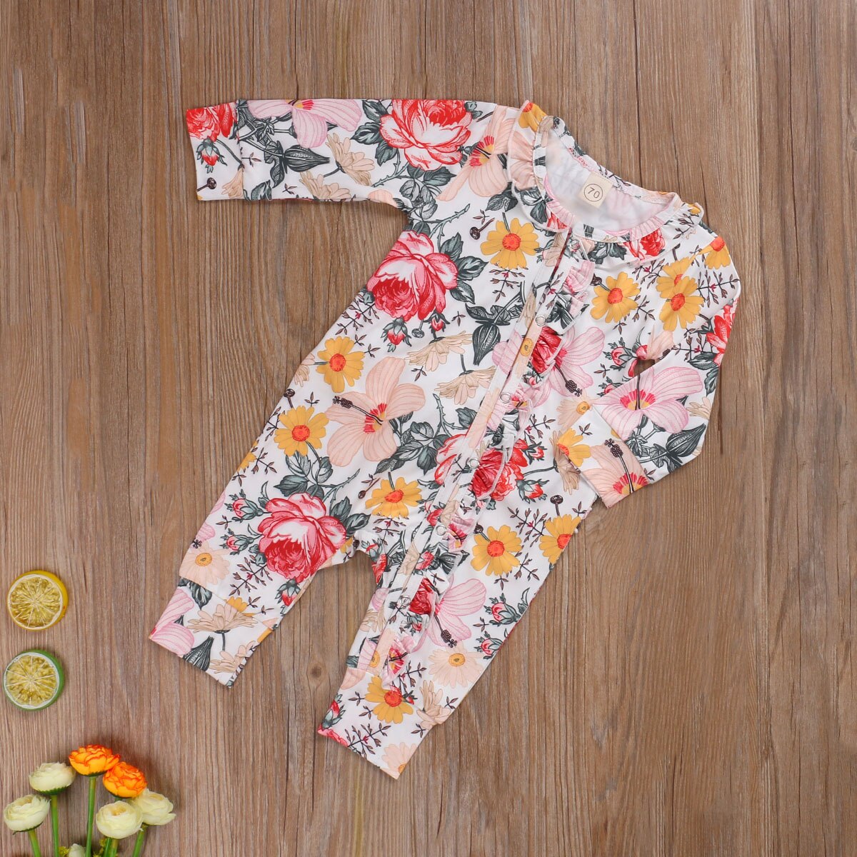 0-24M Peuter Baby Jongen Meisje Jumpsuit Lange Mouwen Ronde Hals Button Front Ruche Bloemen Romper