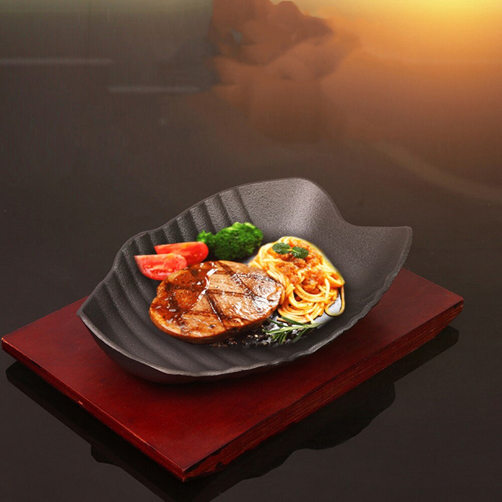 Cast Iron Roasting Steak Pan Non Stick Enamel Fried Pot Plate Frying Wooden Base Holder Cookware Gas Oven Electric Durable