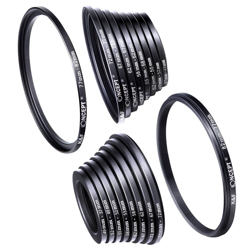 K & F Concept 18 Pcs 37-82 Mm 82-37 Mm Lens Step Up Down Ring Filter adapter Set 37 49 52 55 58 62 67 72 77 82 Mm