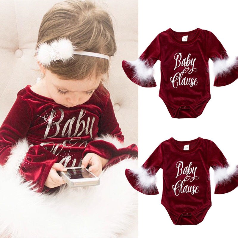 Xmas Leuke Infant Kids Baby Meisjes Jongens Mooie Fluwelen Bodysuits Fur Flare Mouwen Brief Print Warm Jumpsuits Outfit 0-24M