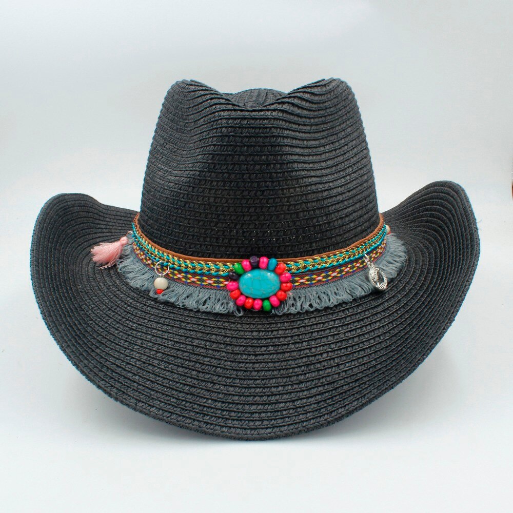 Sommer kvinners menns hule vestlige cowboyhatt til herre vestlig ord cowgirl jazz lokk stråStrand solhatt med håndarbeid