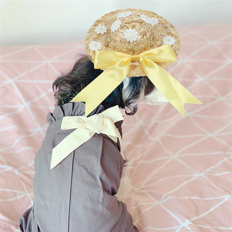 Pet Floral Straw Hats Dog Spring Summer Sunhat Cute Handcrafted Woven Straw Hats Cat Dog Caps Cosplay Custome
