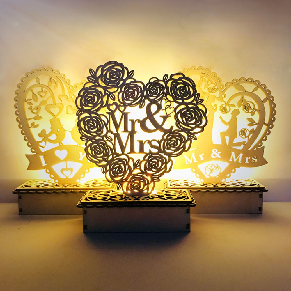 Houten Ornamenten Mr & Mrs Bruiloft Decoratie Rustieke Bruiloft Gunsten DIY Bruiloft Valentijn Cadeau Voor Vriendin LED Nachtlampje