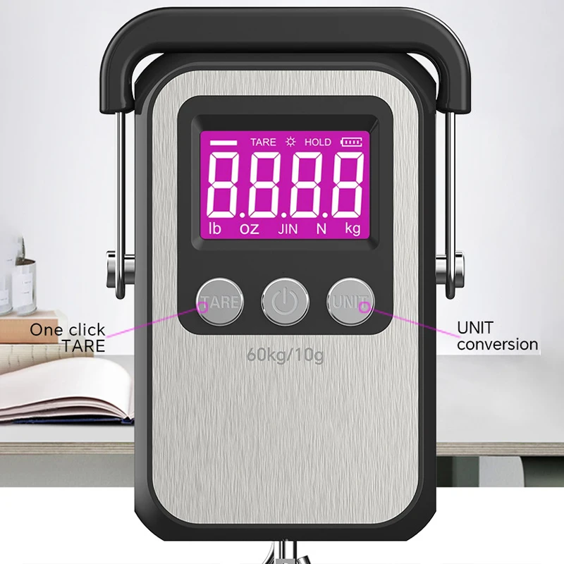 Báscula Digital con gancho para colgar, báscula portátil para equipaje con batería/carga USB, herramientas de pesaje con gancho para colgar, 60kg/10g