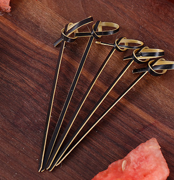 100Pcs Disposable Bamboo Tie Knotted Skewers Twisted Ends Cocktail Food Fruit Picks Fork Sticks Buffet Cupcake Topper: Black-9cm