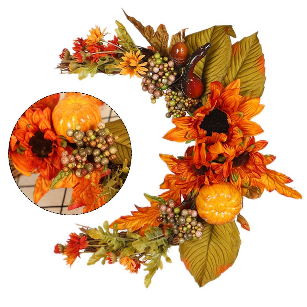 Thanksgiving Kunstmatige Bloem Herfst Rotan Krans Garland Met Pompoen Esdoornblad Halve Maan Vorm Deur Muur Oogst Ornament