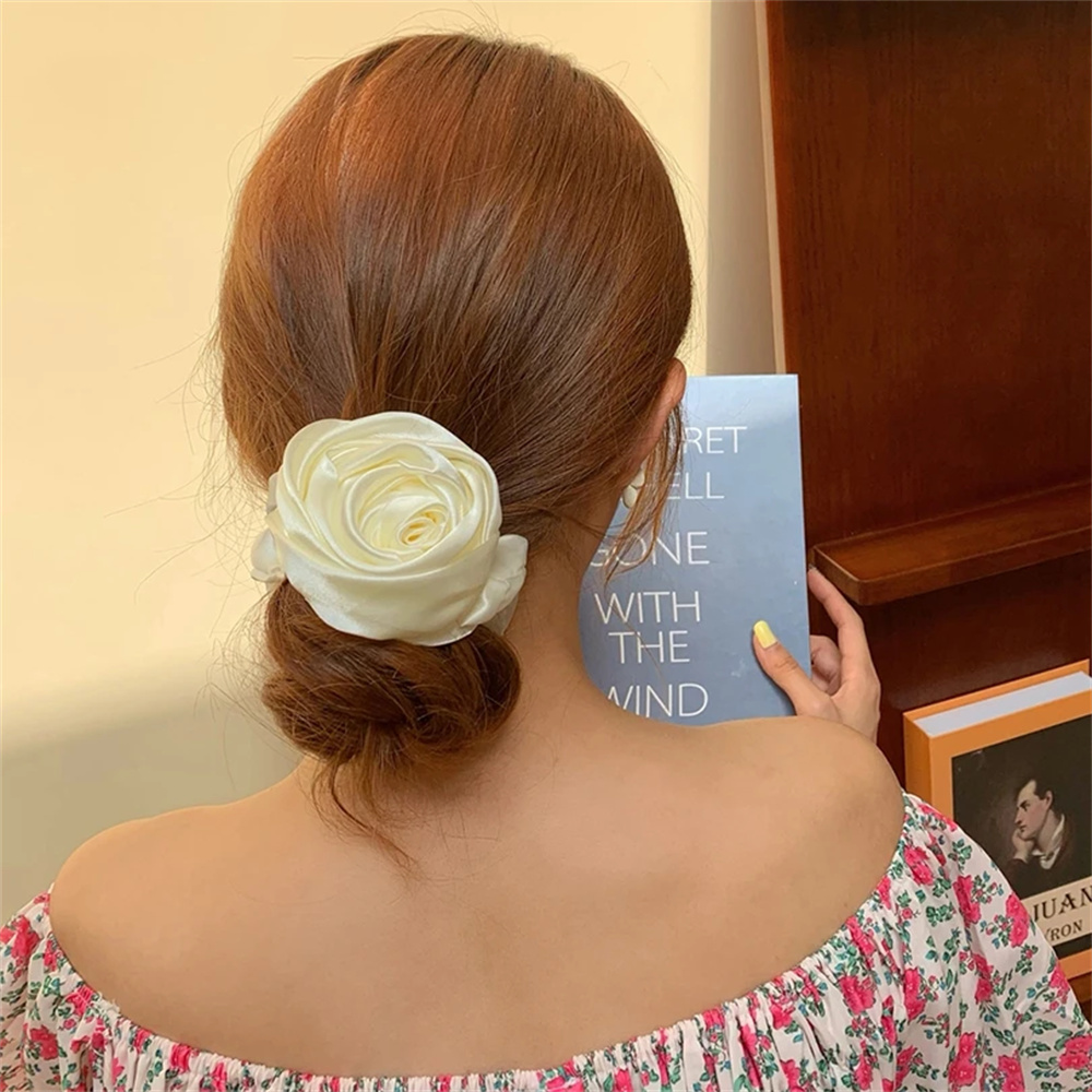 Cinta elástica para el cabello con flores rosas para mujer y niña, lazos de cuerda para el cabello, coleteros con flores, accesorios para el cabello