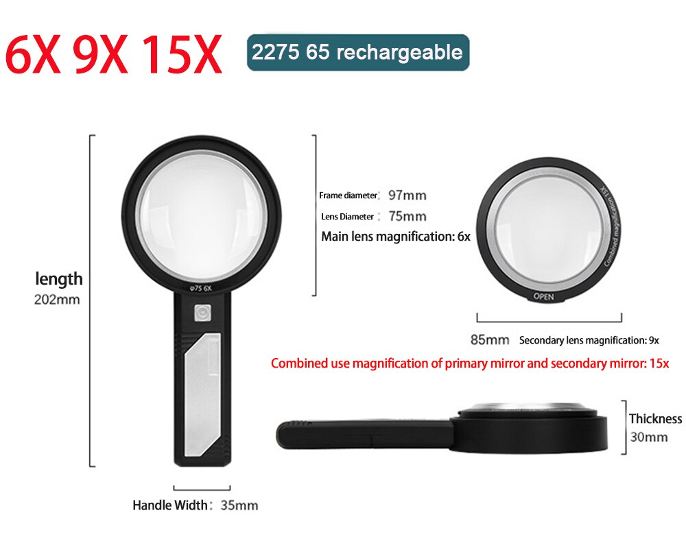 Lighted Magnifying Glass 5X 10X 15X Handheld Magnifying with 8 Led Lights, Optical Lens Illuminated Magnifier For Reading Repair: 2275 65 rechargeable